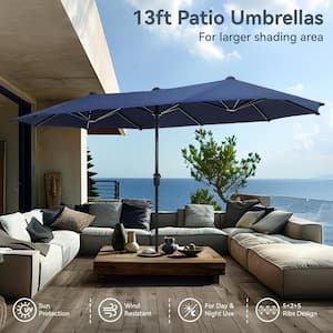 13 ft. Steel Dodecagon Market Patio Umbrella in Blue Canopy withDouble Sided Market Twin Umbrellas for Deck Pool