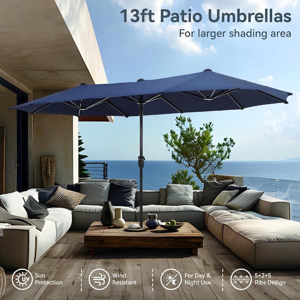Yangming 13 ft. Steel Dodecagon Market Patio Umbrella in Blue Canopy withDouble Sided Market Twin Umbrellas for Deck Pool