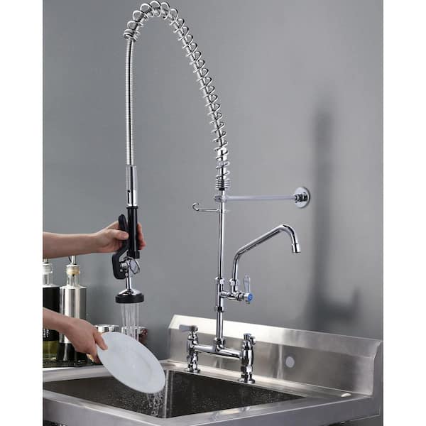 36 in. Commercial Triple Handle Pull Down Kitchen Faucet with Pre Rinse Sprayer in Chrome