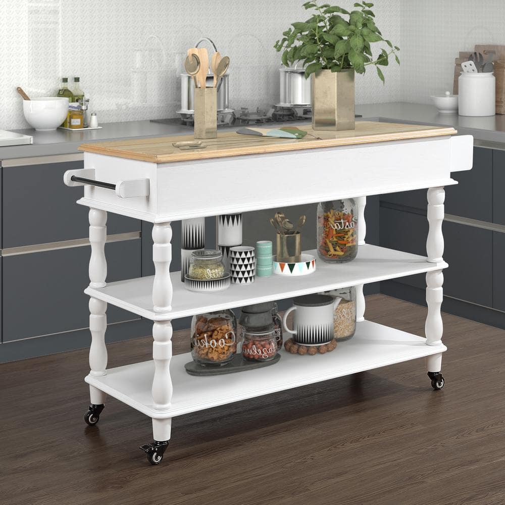 Milk White Wood Kitchen Cart with Solid OAK Wood Top