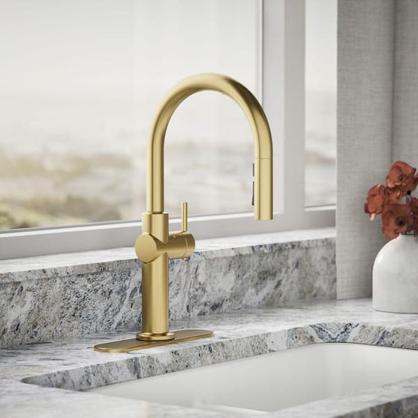 Crue Single-Handle Touchless Pull-Down Sprayer Kitchen Faucet in Vibrant Brushed Moderne Brass
