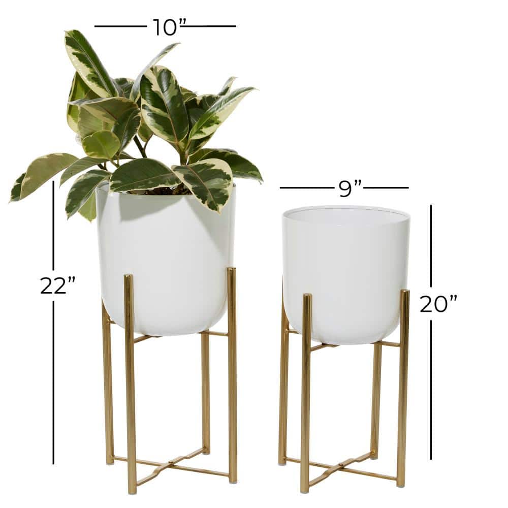 White Metal Dome Planters with Gold Stands, Set of 2