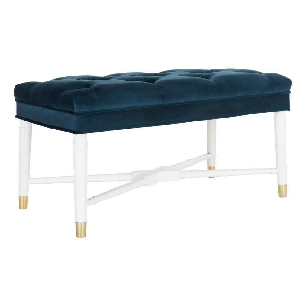 Navy Velvet Tufted Bench with White Bamboo Detail and Brass Capped Feet