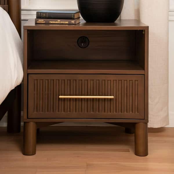 Sera Walnut 1-Drawer 24 in. W Nightstand with Cubby and Electrical Outlet