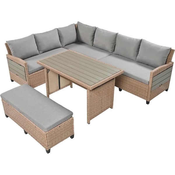 Clihome 5-Piece Brown Wicker Patio Conversation Sectional L-Shaped Set with Gray Cushions and 2 Extendable Side Tables