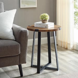 18 in. Rustic Oak Rustic Urban Industrial Wood and Metal Wrap Round Accent Side Table