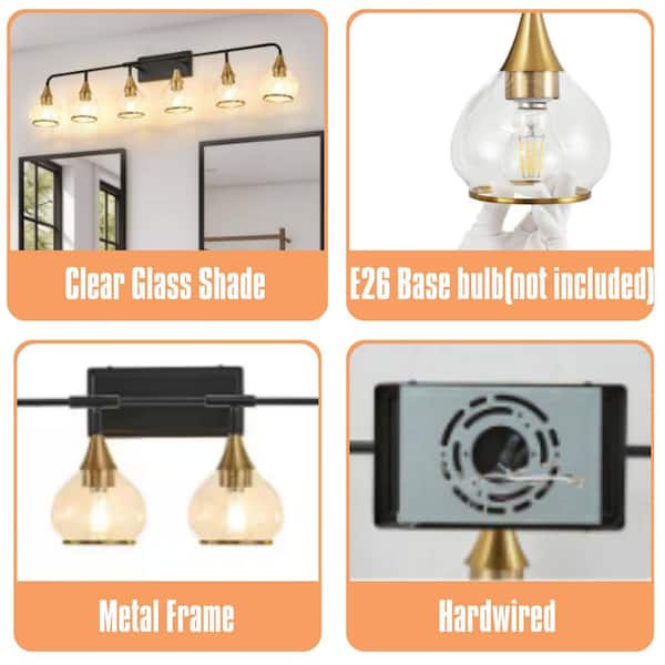 48 in. 6-Light Black and Gold Vanity Light with Clear Glass Shade, Industrial Wall Mounted Lamp (No Bulb)