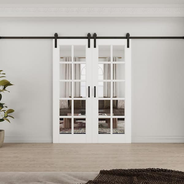 64 in. x 80 in. 10-Lite Tempered Clear Glass White Primed Composite Sliding Barn Door with Hardware Kit