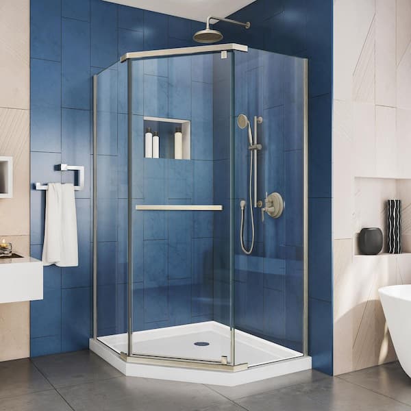 DreamLine Prism 36 in. x 36 in. x 74.75 in. Semi-Frameless Pivot Neo-Angle Shower Enclosure in Brushed Nickel with White Base
