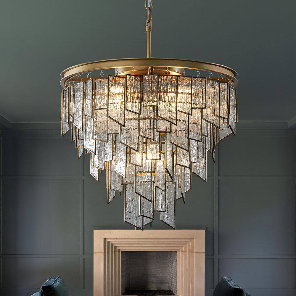 Modern 6-Light 18 in. Painted Brass Luxury Water Ripple Glass Chandelier fo
