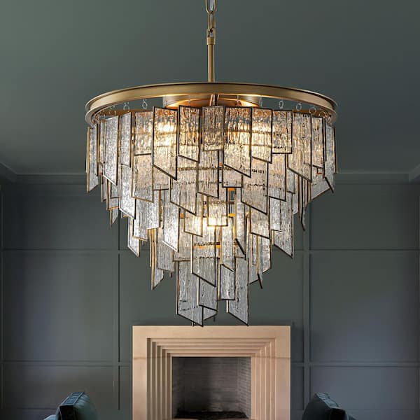 ALOA DECOR Modern 6-Light 18 in. Painted Brass Luxury Water Ripple Glass Chandelier for Living Room