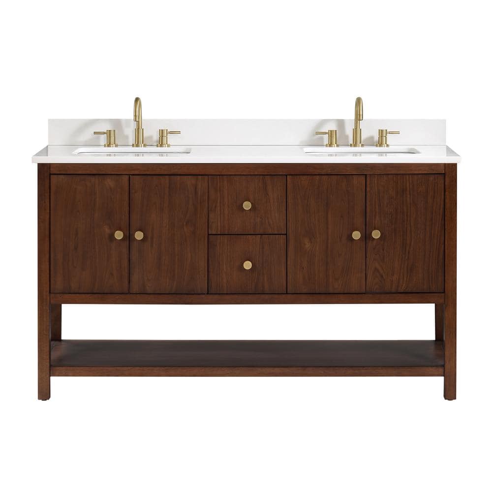 Zoe 61-Inch Walnut Double Sink Vanity with White Quartz Top