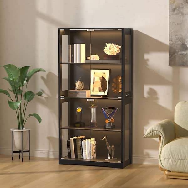68.9 in. H x 14 in. W Black 4-Tier Display Cabinet with Tempered Glass Door and 3-Color Sensor Lights