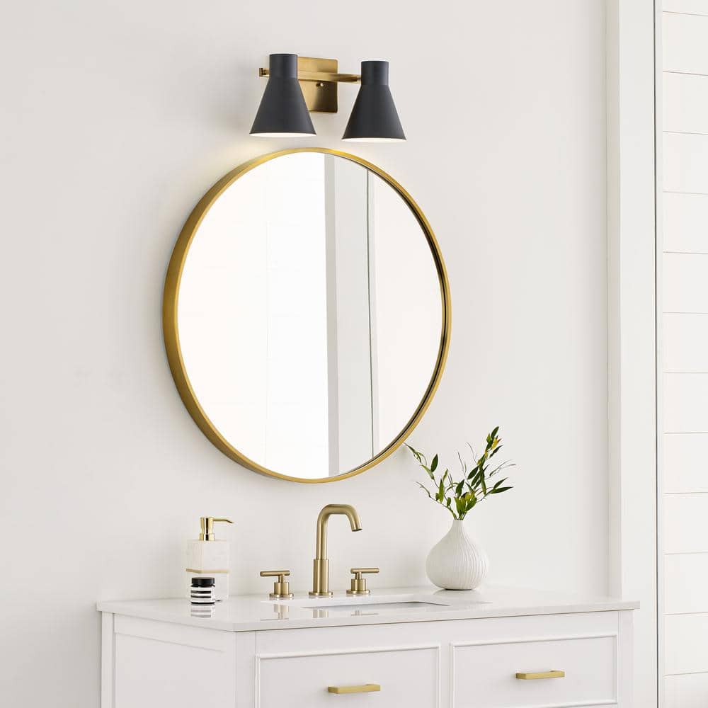 Towner Satin Brass 2-Light Vanity with Black Steel Shades