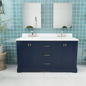 60.58 in. W x 22.39 in. D x 40.07 in. H Freestanding Bath Vanity in Navy Blue with White Engineered stone