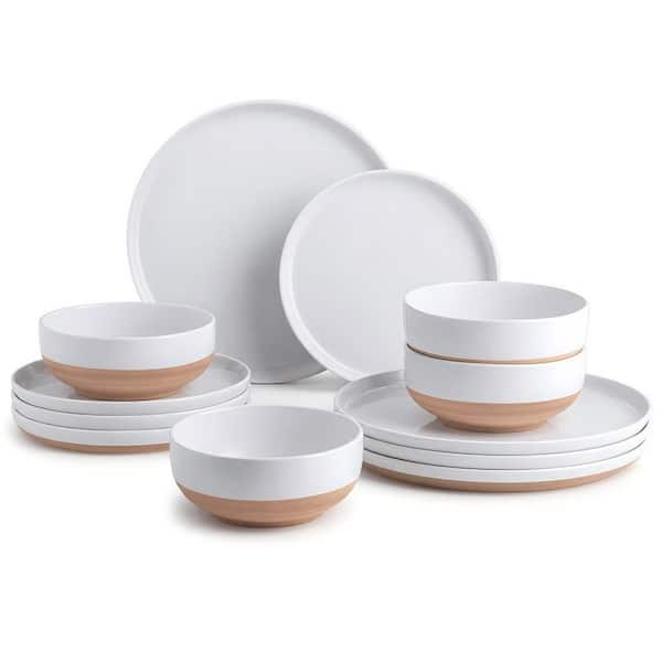 12-Piece Ceramic Dinnerware Sets with Rustic Terracotta Underside, Handpainted Plates and Bowls Set, White