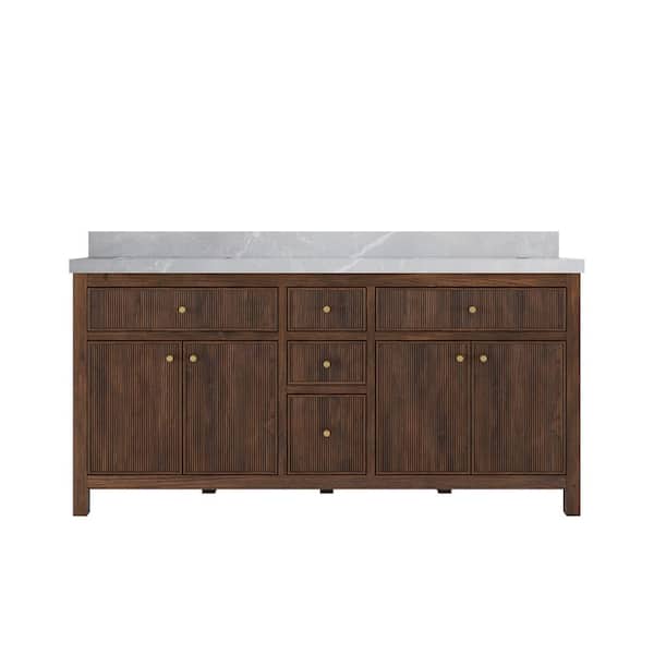 Willow Collections Sonoma Teak 72 in. Double Sink Freestanding Dark Walnut Bath Vanity with Pearl Gray Quartz Top Unassembled