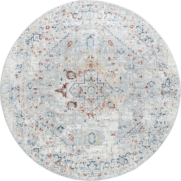 Tayse Rugs Wakefield Oriental Silver 6 ft. Round Indoor Area Rug