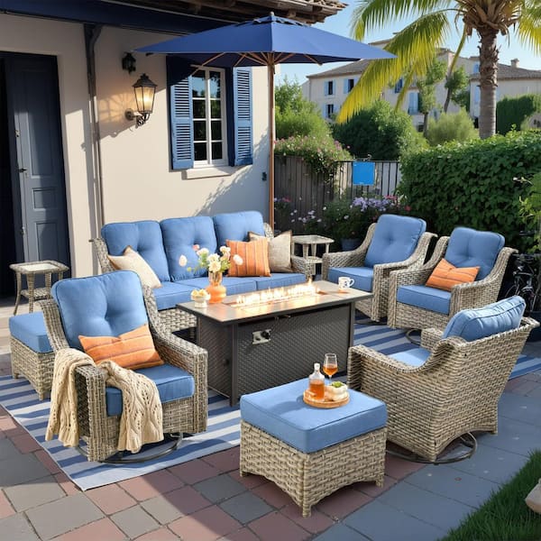 HOOOWOOO Cherry 10-Piece Wicker Outdoor Furniture Patio Fire Pit Conversation Sofa Set with Swivel Chairs and Sky Blue Cushions