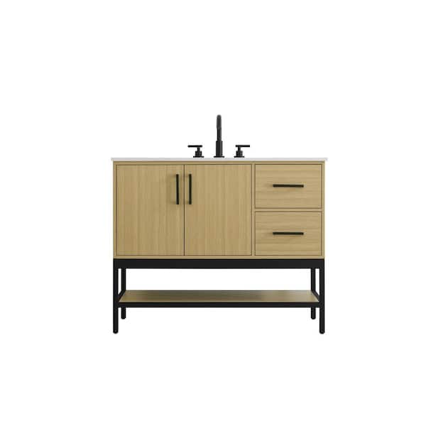 42 in. Single Sink Honey Brown Bath Vanity with White Engineered Marble Top