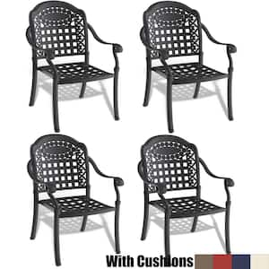 Black Cast Aluminum Patio Outdoor Dining Chair with Random Color Cushion (4-Pack)