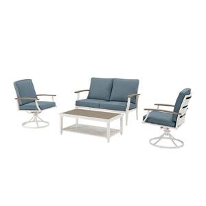 Marina Point 4-Piece White Steel Outdoor Patio Conversation Seating Set with Sunbrella Denim Blue Cushions