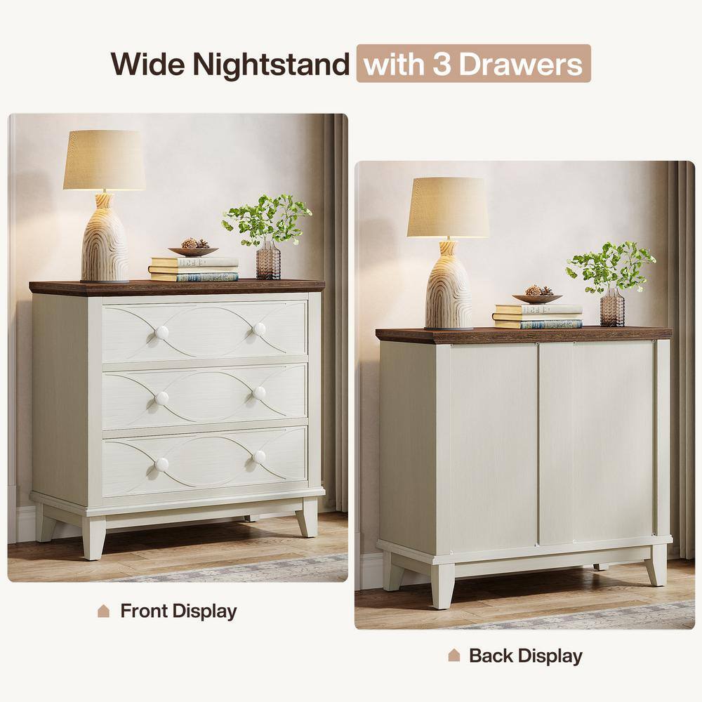Distressed White and Brown 3-Drawer Farmhouse Nightstand