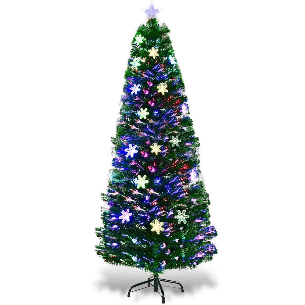 Costway - 6FT Pre-Lit Fiber Optic Christmas Tree Multicolor Lights - Green