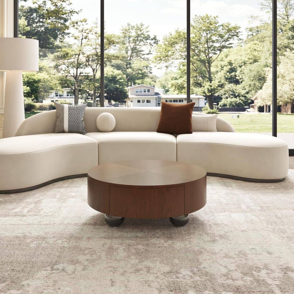Modern 35.4 in. Walnut Round Wood Coffee Table with Hidden Storage Drawers and Sphere Legs price history on PriceWatchPro