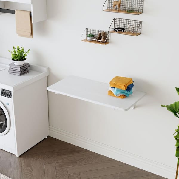 Laundry Room Folding Table, Wall Mounted Folding Table for Small Spaces, Workbench for Garage, Office, Kitchen in White