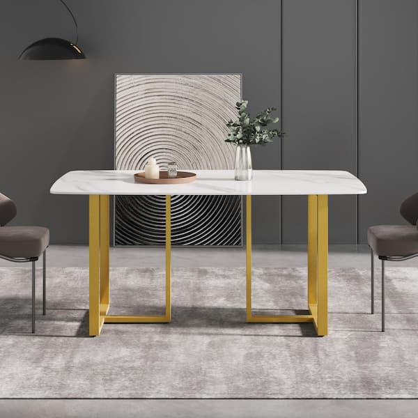 63 in. Rectangular White Sintered Stone Dining Table with Gold Stainless Steel Legs