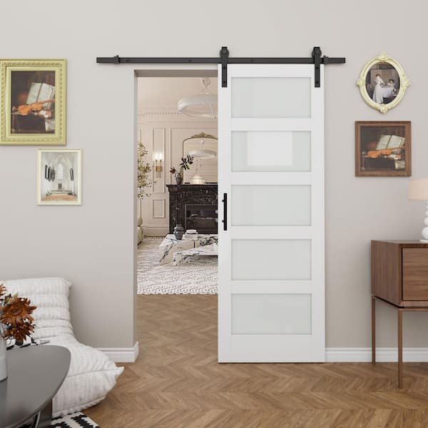 30 in. x 96 in. 5 Lite Tempered Frosted Glass White Primed MDF Wood Sliding Barn Door with Hardware Kit