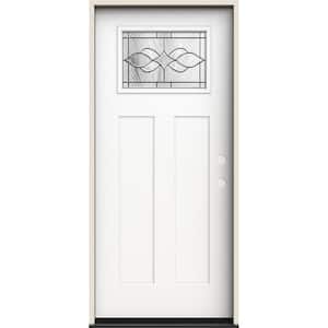 36 in. x 80 in. Left-Hand 1/4 Lite Craftsman Carillon Decorative Glass Modern White Fiberglass Prehung Front Door