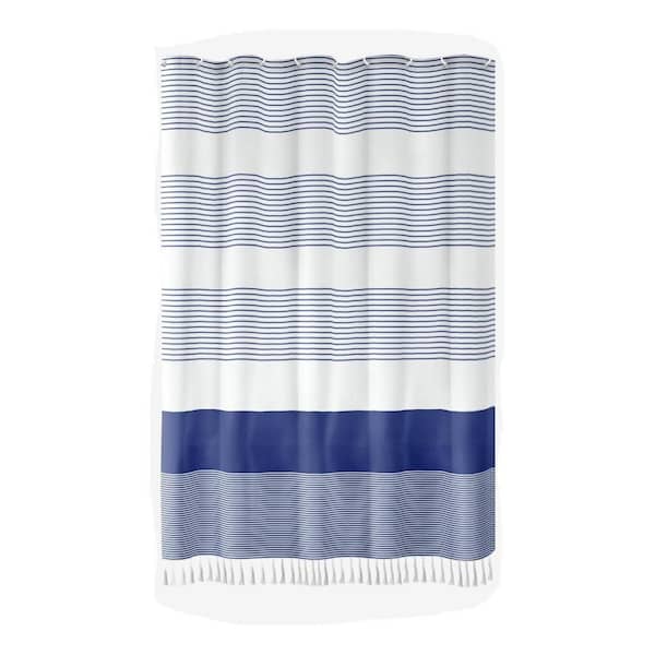 Wudkey 72 in. W x 72 in. L Cotton and Polyester, Shower Curtain in Navy Blue with Stripe Tassel for Bathroom