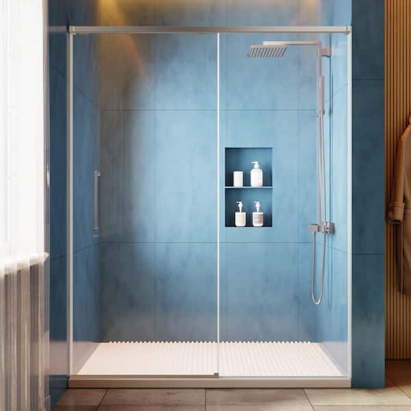 57-60 in. W x 75 in. H Semi Frameless Sliding Shower Door in Nickel with Soft-Closing 5/16 in. Clear Glass Shower Door