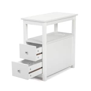 11.81 in. White Rectangle Wood End Table with Charging Station 2-Drawer and Shelf