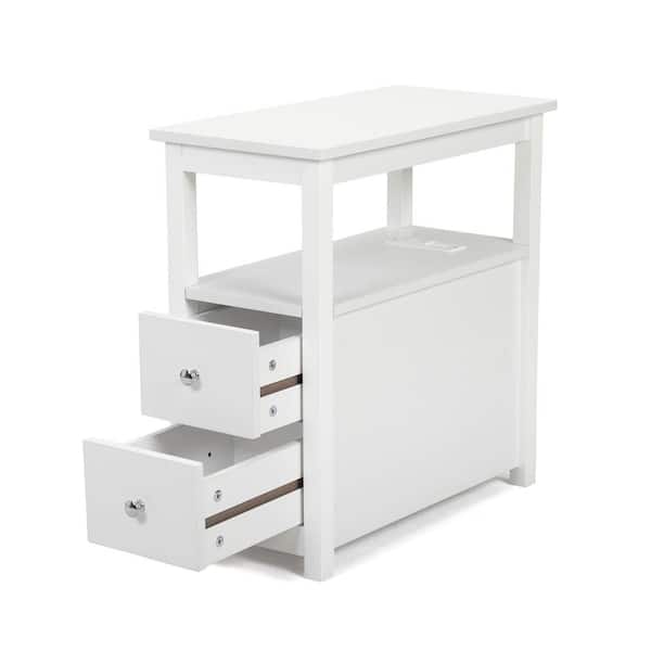 cadeninc 11.81 in. White Rectangle Wood End Table with Charging Station 2-Drawer and Shelf