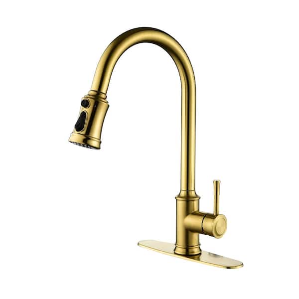 WELLFOR Single Handle Gooseneck Pull Down Sprayer Kitchen Faucet in Brushed Gold with Deckplate Included Three Spray Modes