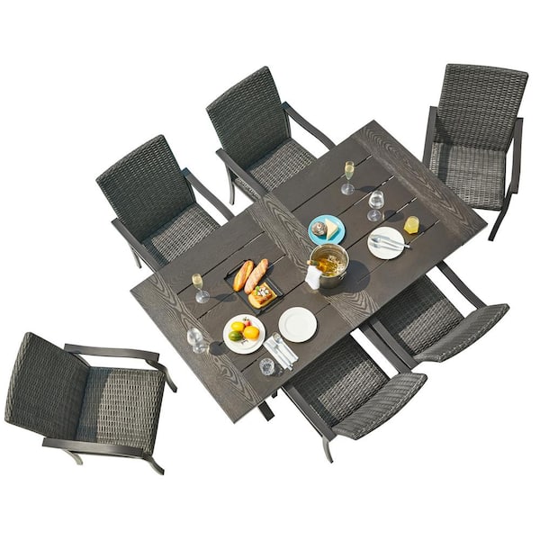 Afoxsos Black 7-Piece PE Rattan Wicker Outdoor Garden 74 in. L Patio Dining Set w/Chairs and Rectangular Aluminum Coffee Table