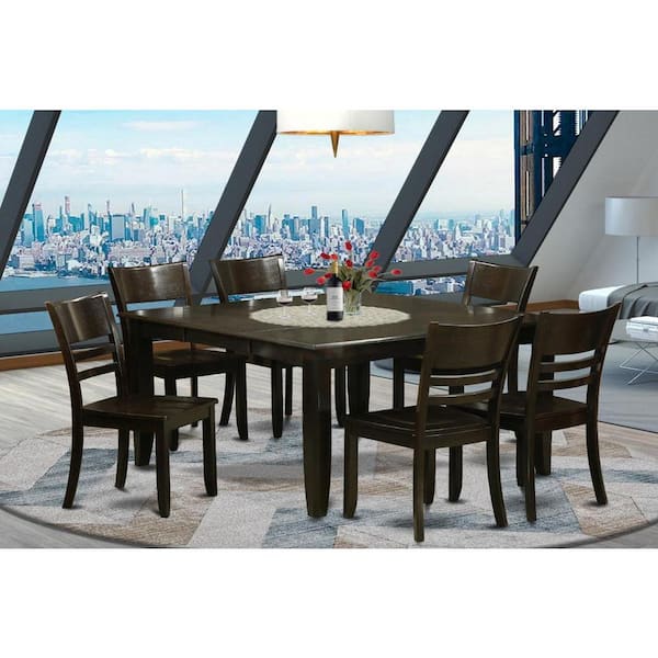 East West Furniture 7-Piece Square Cappuccino Finish Solid Wood Top Dining Table with 6-Chairs with Lattice Back
