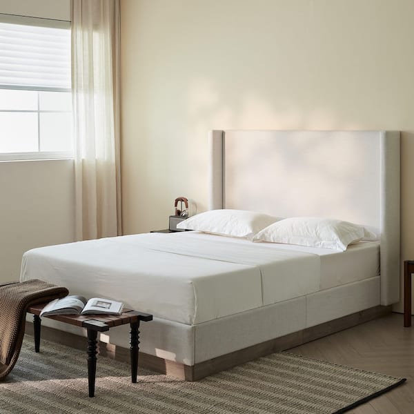 Duncan Ivory White Chenille Fabric Upholstered Metal Frame California King Platform Bed with High Wingback Headboard