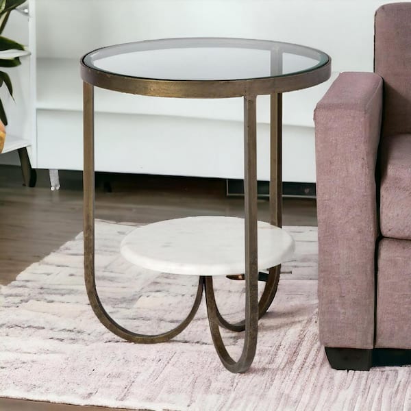 HomeRoots 20 in. Gold Round Glass End Table