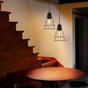 60 -Watt Black Adjustable Height Farmhouse Cage Pendant Light with Shade (2-Pack)