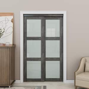 48 in. x 80 in. 3-Lites Tempered Frosted Glass Dark Walnut MDF Closet Sliding Door with Hardware Kit