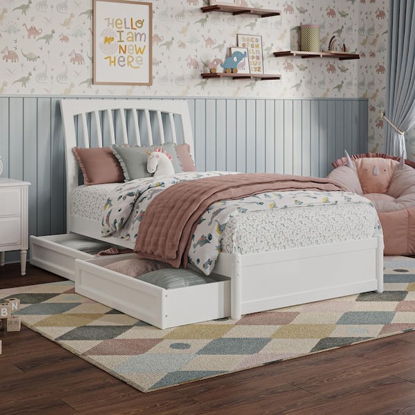 Roslyn White Solid Wood Frame Twin Platform Bed with Panel Footboard and Storage Drawers