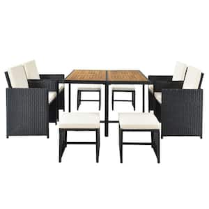 9-Piece Wicker Outdoor Dining table Set with wooden tabletop black rattan plus beige Cushions