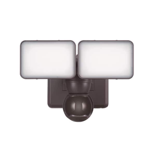 Defiant 2000 Lumen 240-Degree Integrated LED Motion Activated Bronze Two-Head Outdoor Flood Light, Multi-Power Source Technology