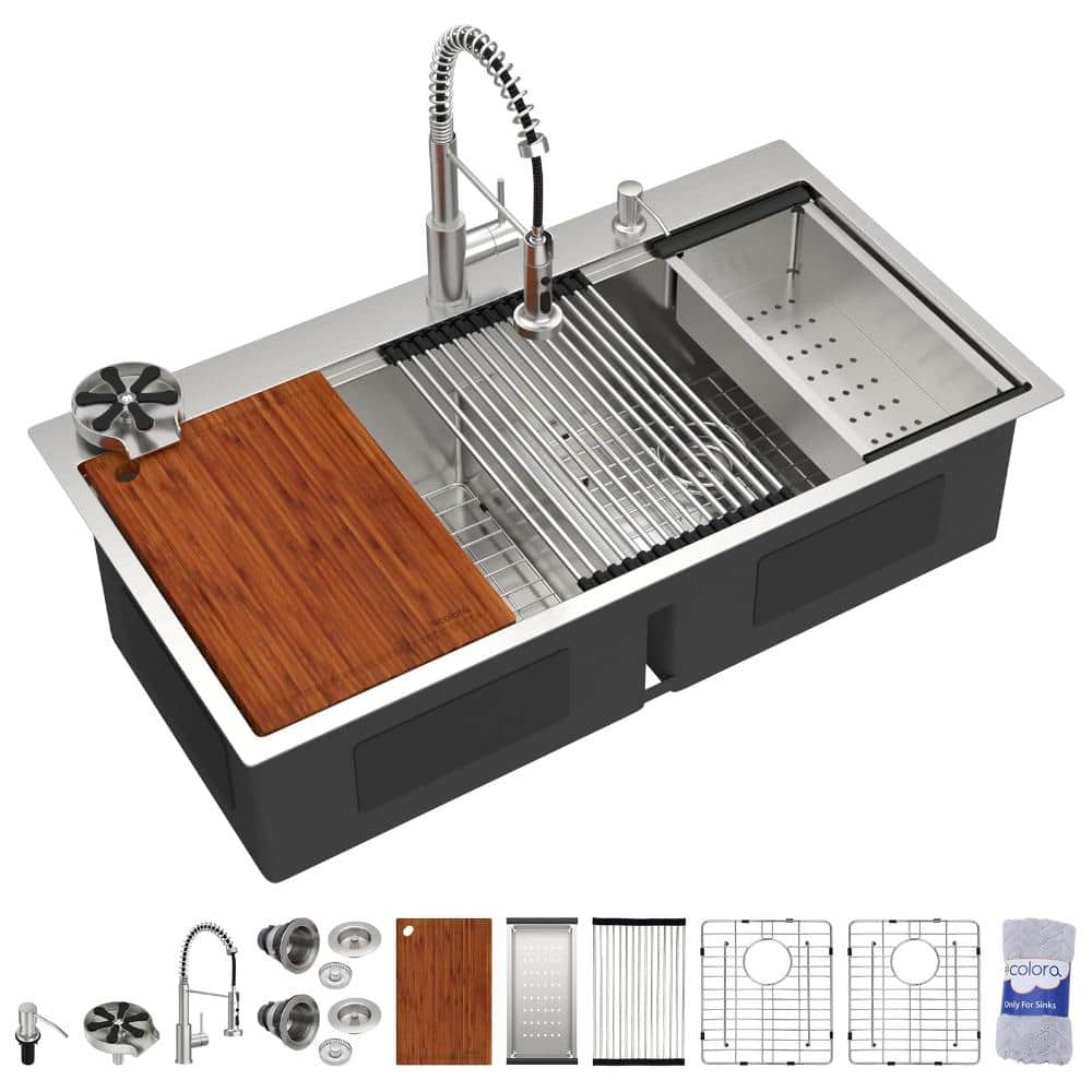 "39"" Workstation Drop-In Kitchen Sink, 50/50 Split Double Bowl Stainless Steel Sink with Cup Washer & Pull-Out Faucet" price history on PriceWatchPro