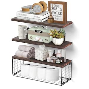Brown 6 in. x 16.5 in. Wooden Floating Storage Rack, Decorative Wall Shelf Bathroom Partition with Tissue Basket