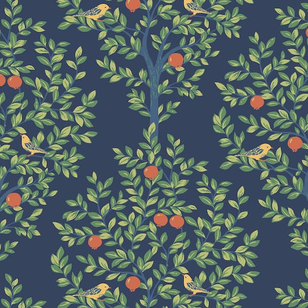 NextWall 31.35 sq. ft. Navy Blue and Greenery Fruit Tree Vinyl Peel and Stick Wallpaper Roll